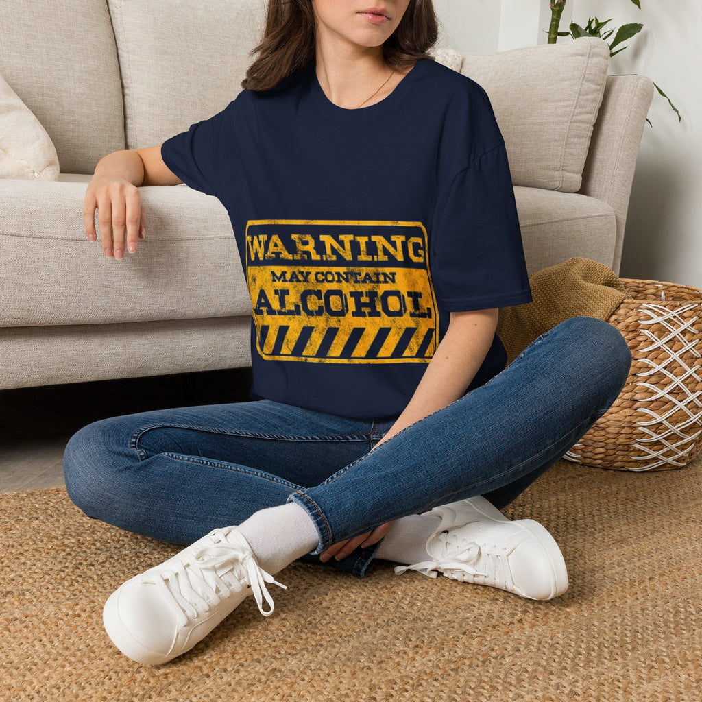 Adult T-Shirt — "WARNING: May Contain Alcohol" Distressed Graphic Tee