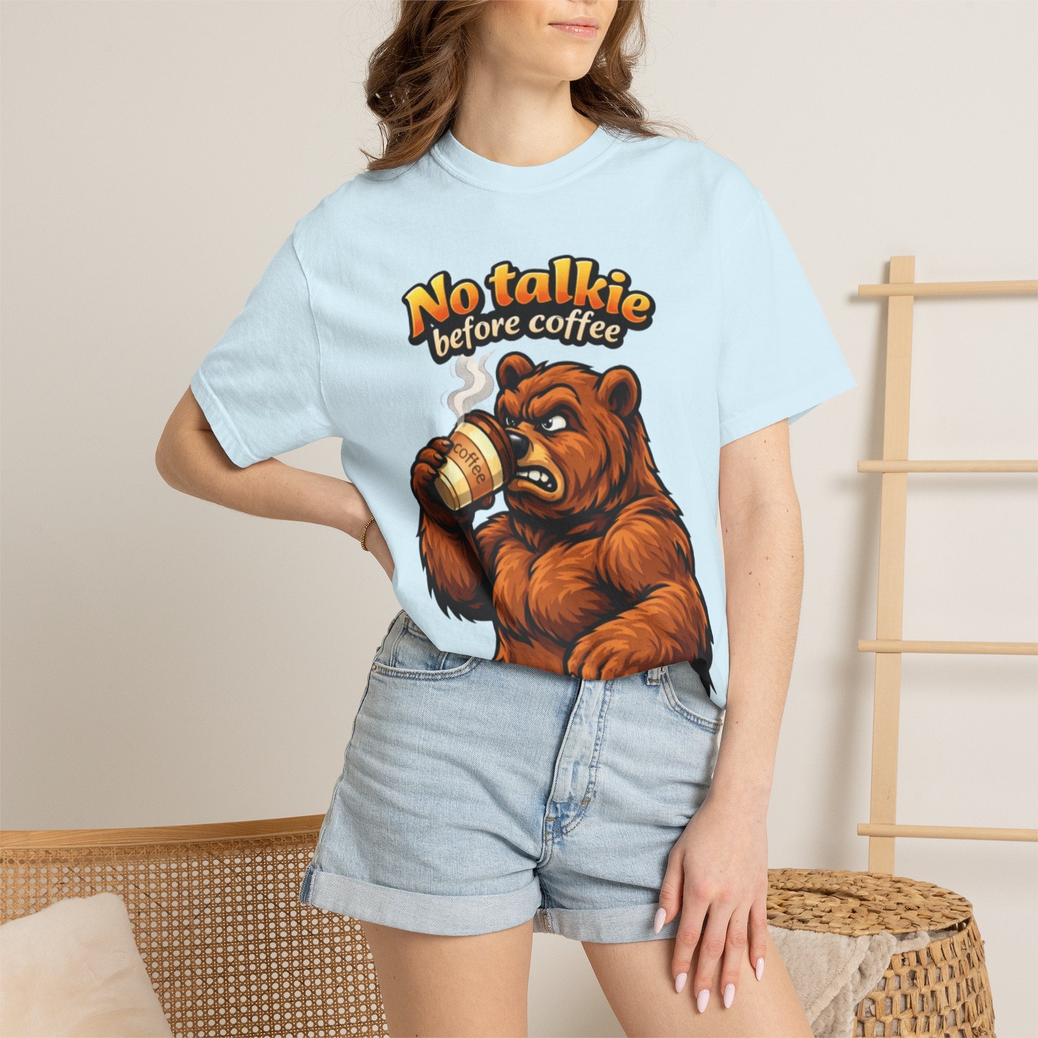 Adult T-Shirt — "No Talkie Before Coffee" Bear Graphic