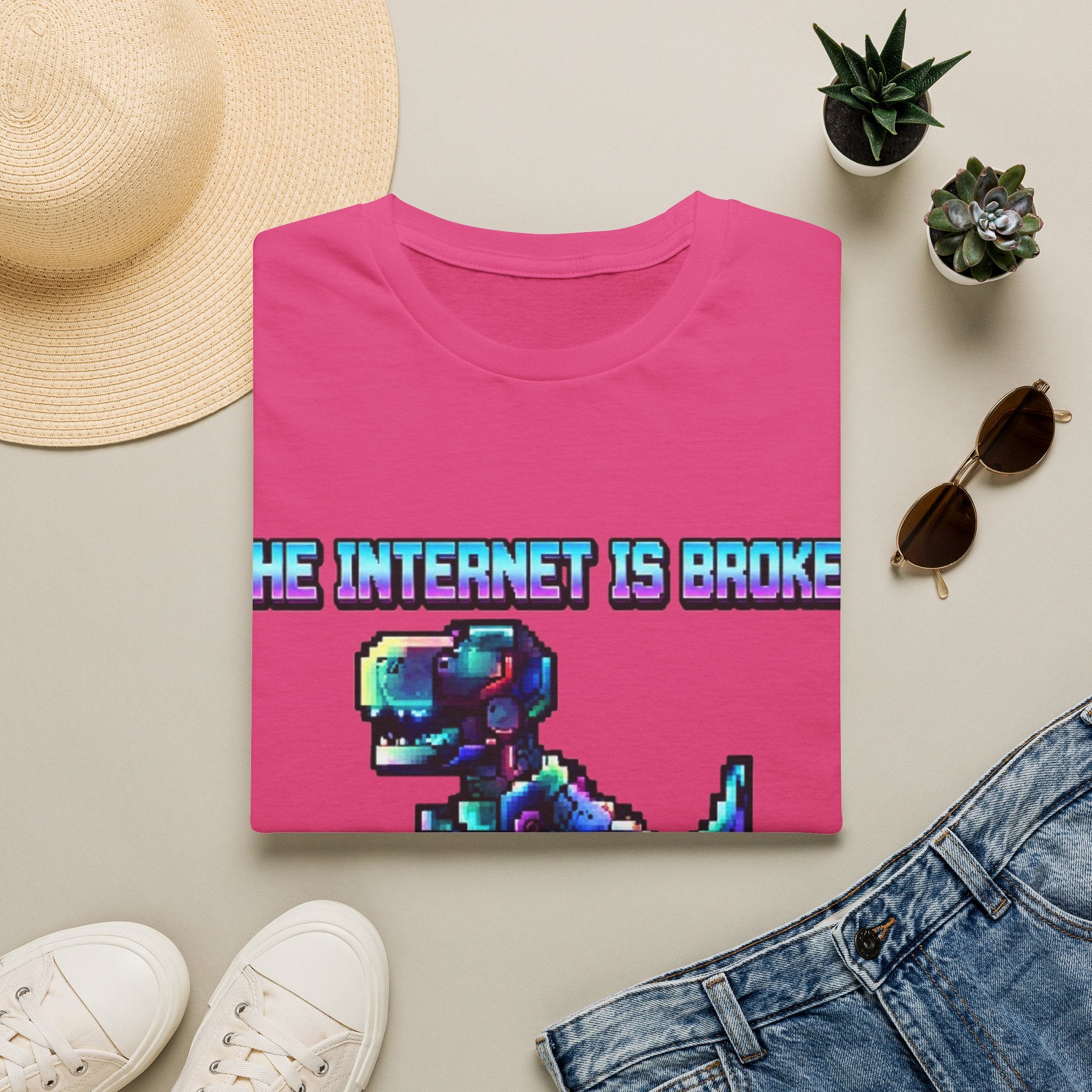 Internet Is Broke Adult  T-Shirt — Retro Pixel Dino "So Am I" Graphic Tee