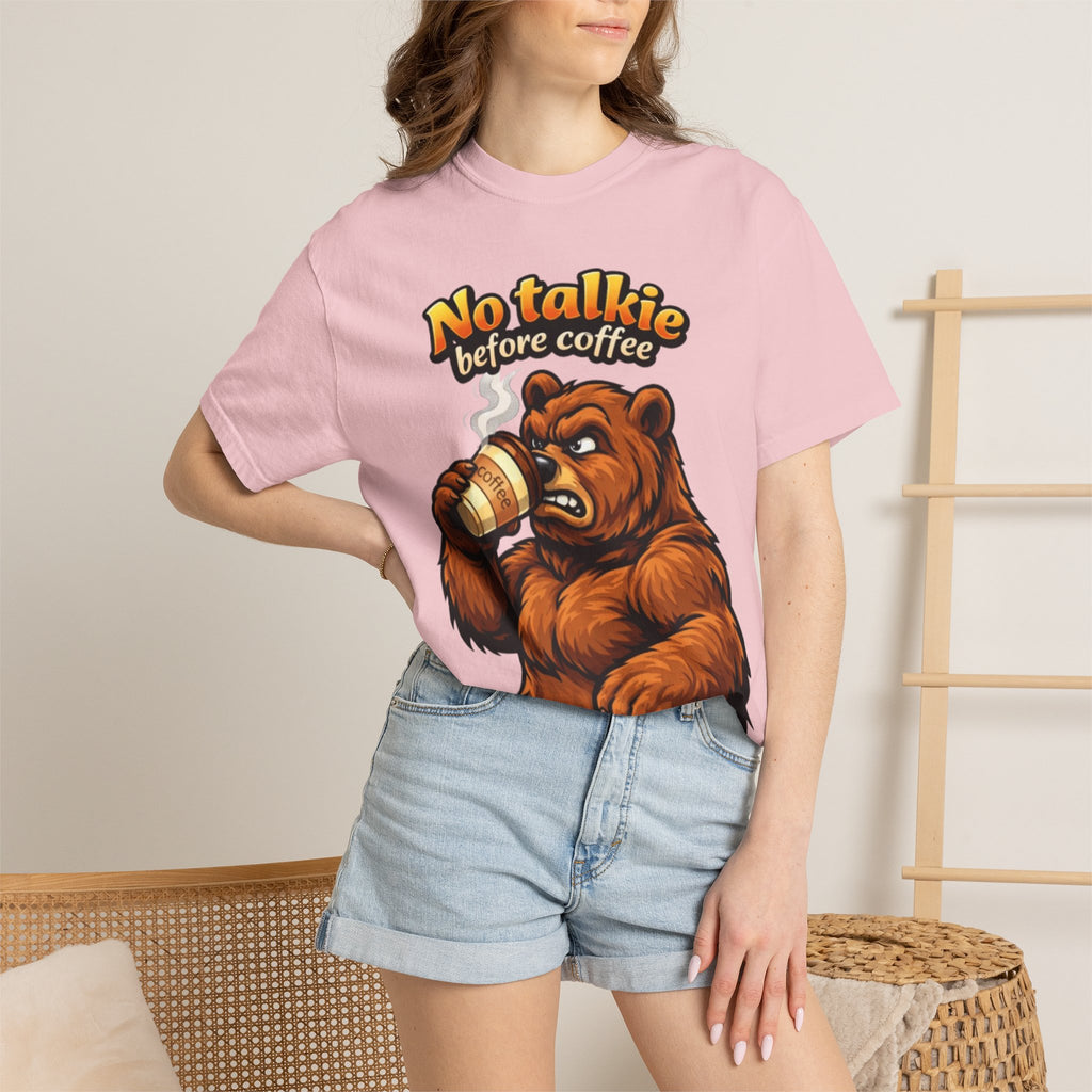 Adult T-Shirt — "No Talkie Before Coffee" Bear Graphic