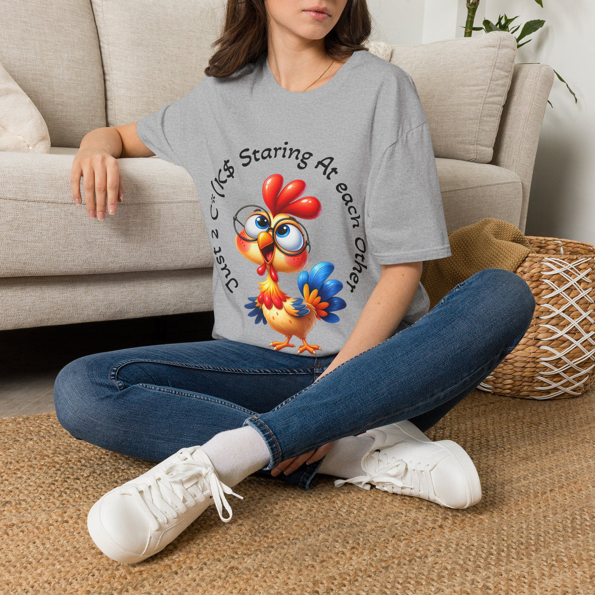Chicken Cartoon Adult T-Shirt — "Staring At Each Other" Cute Funny Graphic Tee