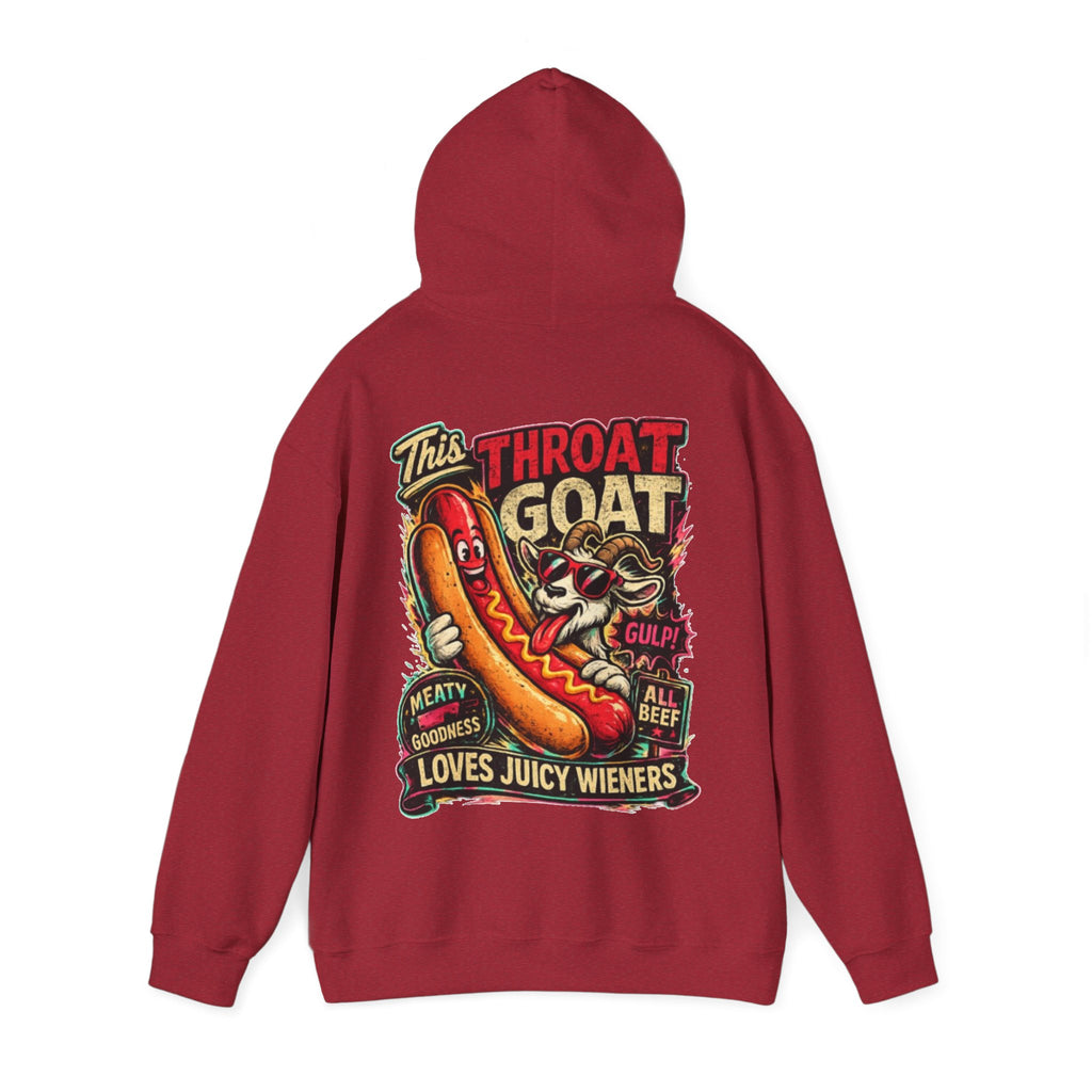 Hot Dog Goat Adult Hoodie - "This Throat Goat Loves Juicy Wieners" Graphic Hooded Sweatshirt