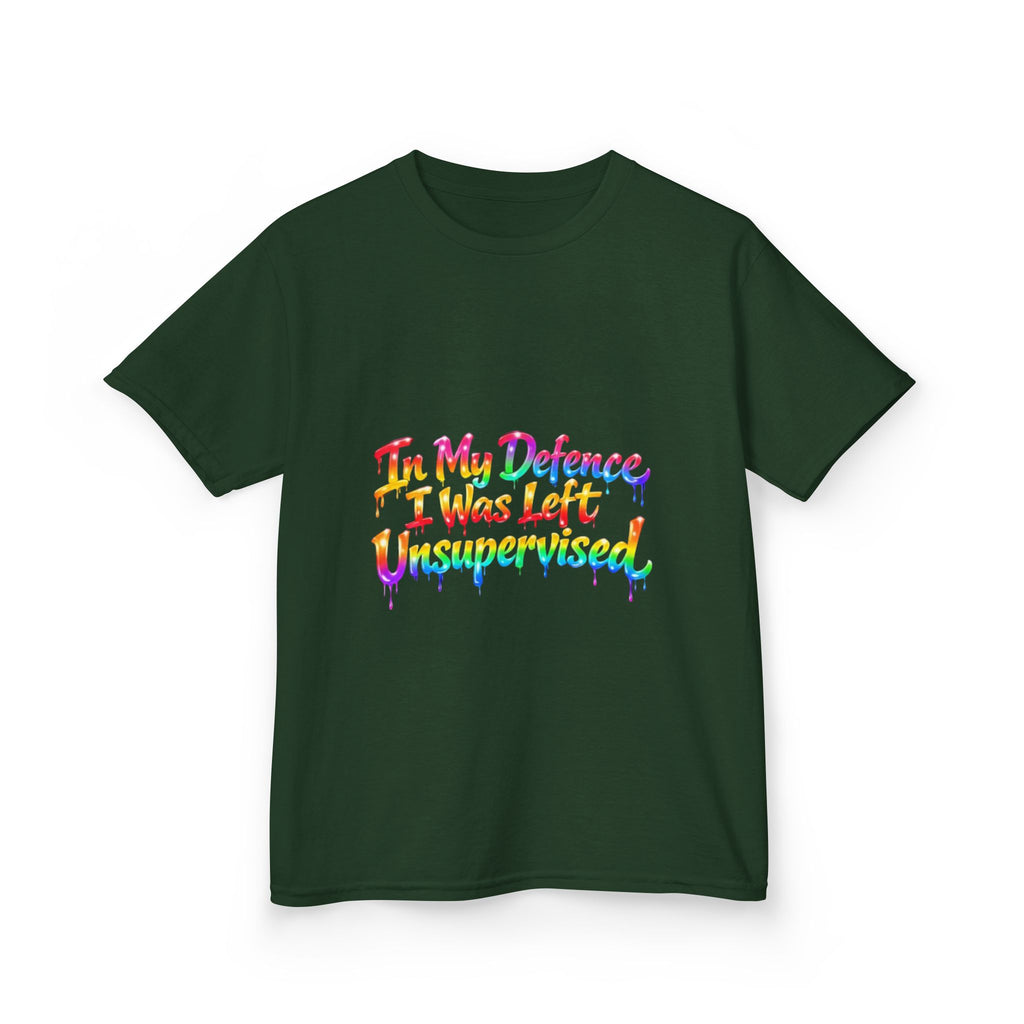 Kids Tee — "In My Defence I Was Left Unsupervised" Rainbow Drip Graphic