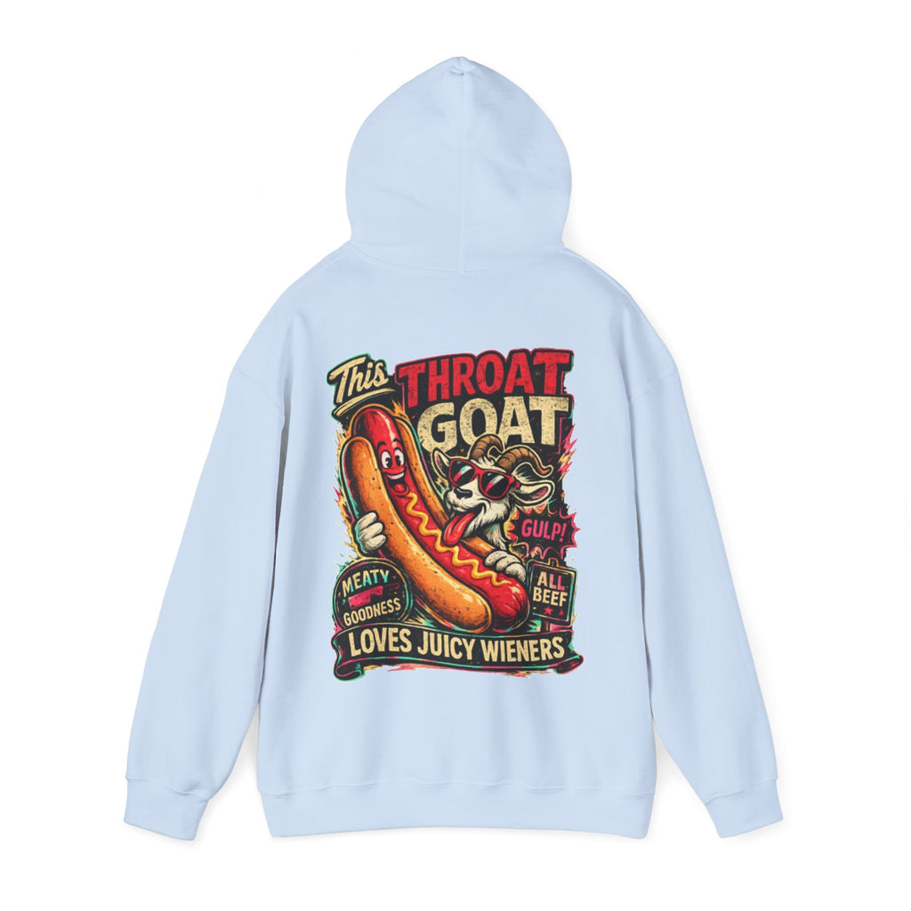Hot Dog Goat Adult Hoodie - "This Throat Goat Loves Juicy Wieners" Graphic Hooded Sweatshirt