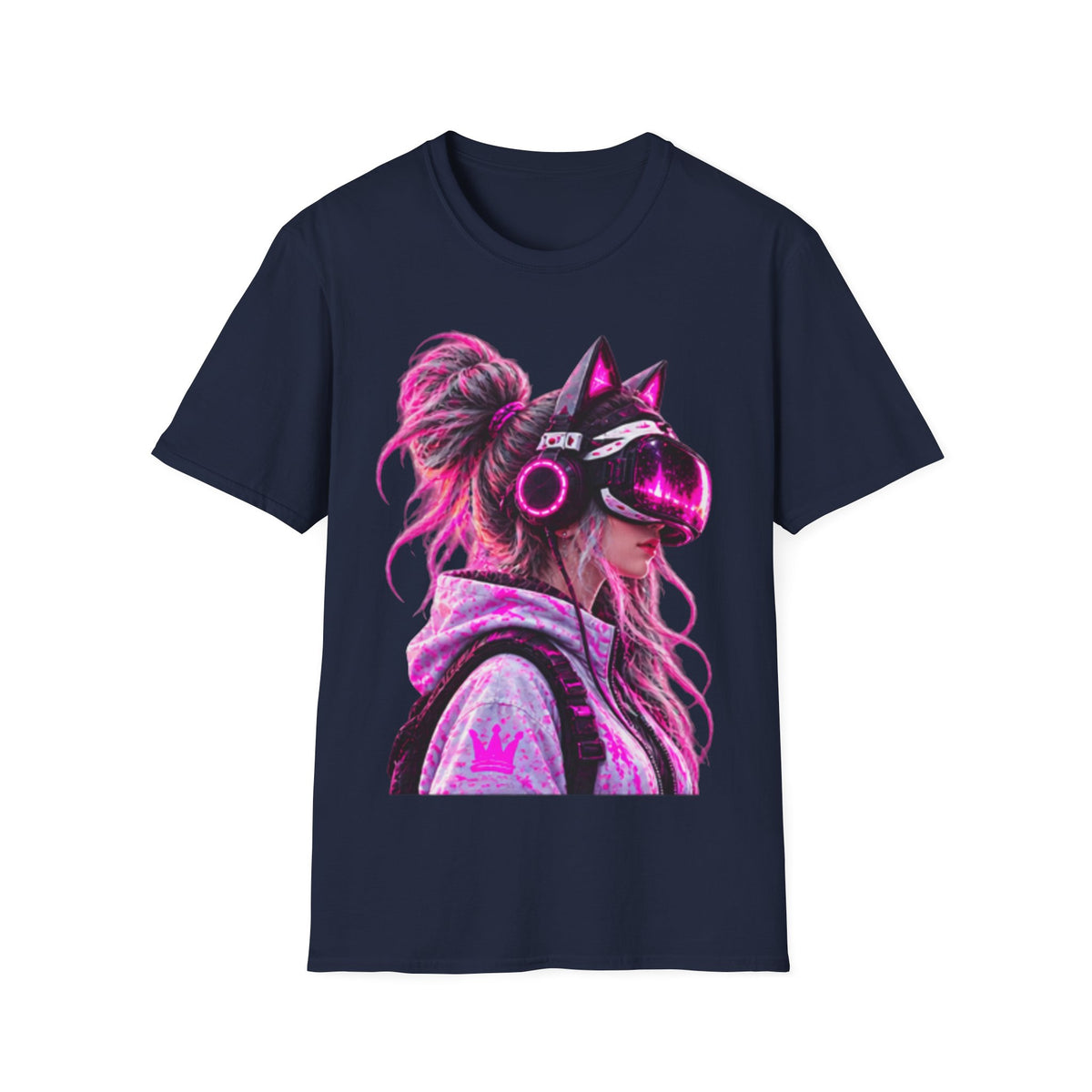 Cat VR Gamer Adult T‑Shirt — Neon Pink Cyberpunk Kitty Gamer Tee