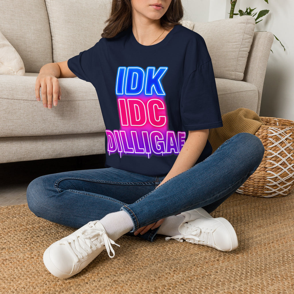 IDK IDC Dilligaf Graphic Adult T-Shirt – Neon Retro Statement Tee