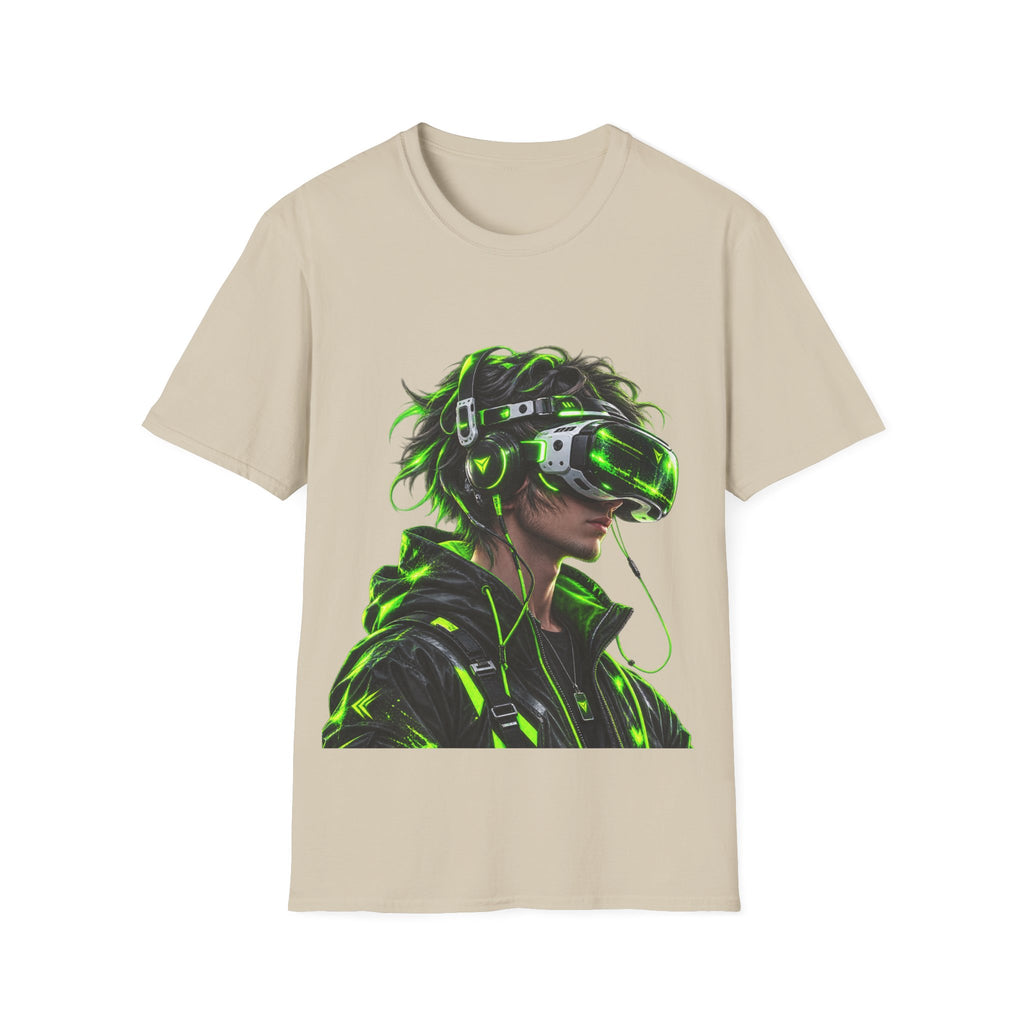 Cyberpunk VR Gamer Adult T-Shirt — Neon Green Virtual Reality Jacket Design