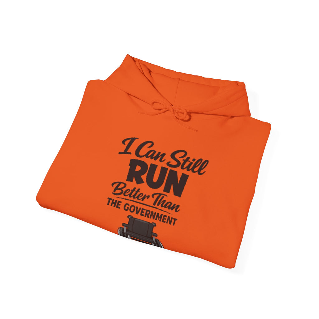 Adult Hoodie — "I Can Still Run Better Than The Government" Lawn Mower Funny Political Sweatshirt