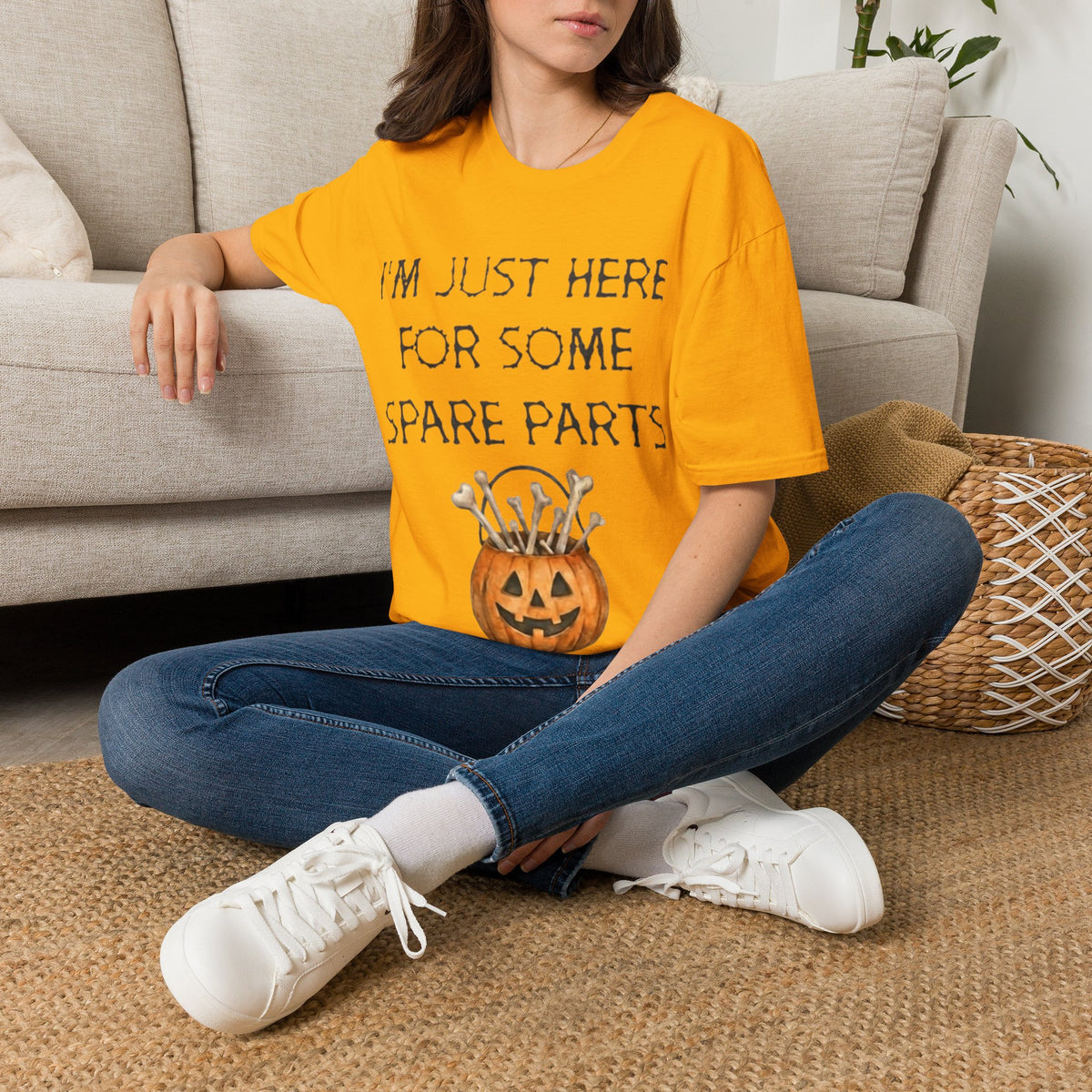 Halloween Pumpkin Jack-o'-Lantern Adult T-Shirt — "I'm Just Here For Some Spare Parts"