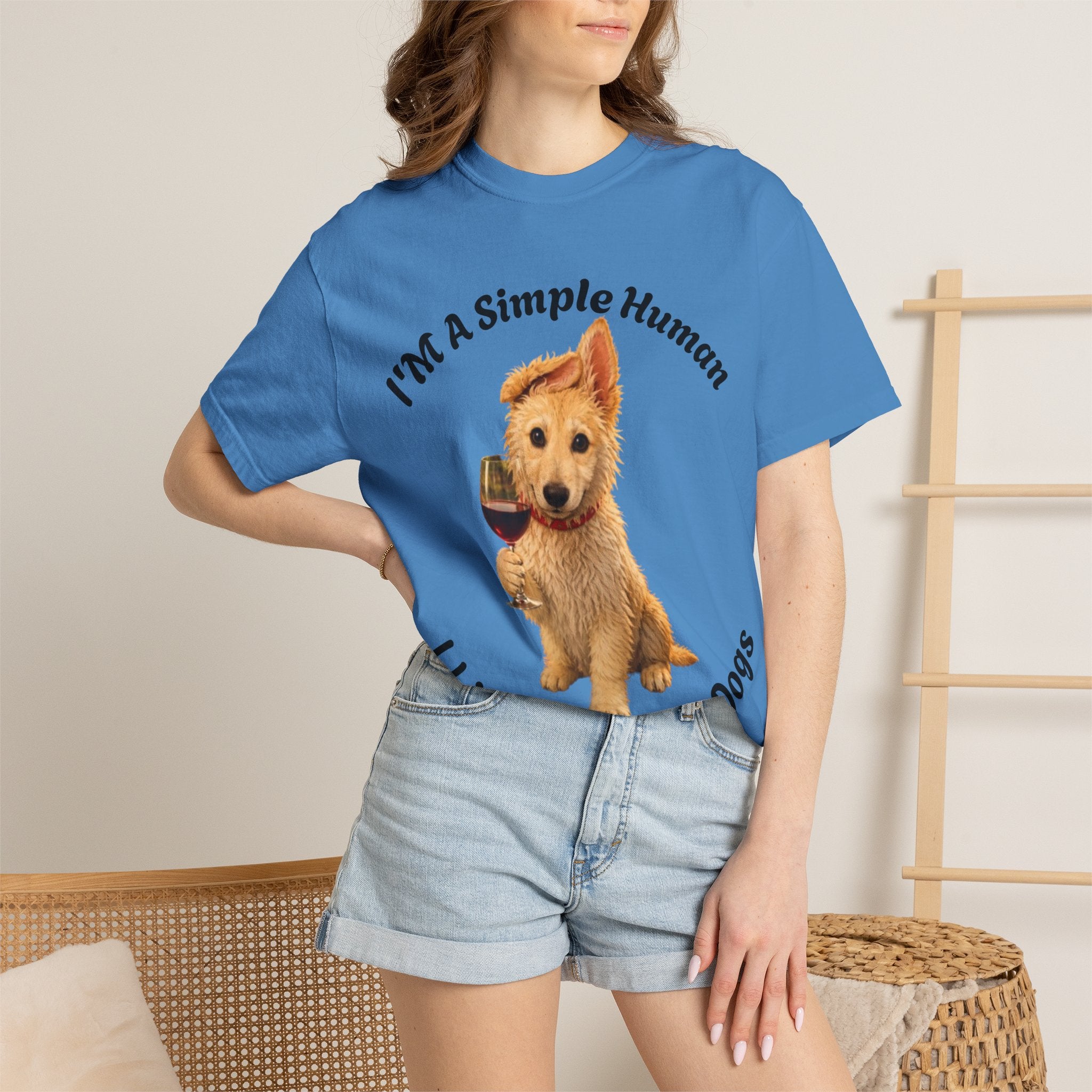 Adult T-Shirt — "I'm A Simple Human I Like Wine And Dogs" Cute Dog & Wine Graphic Tee