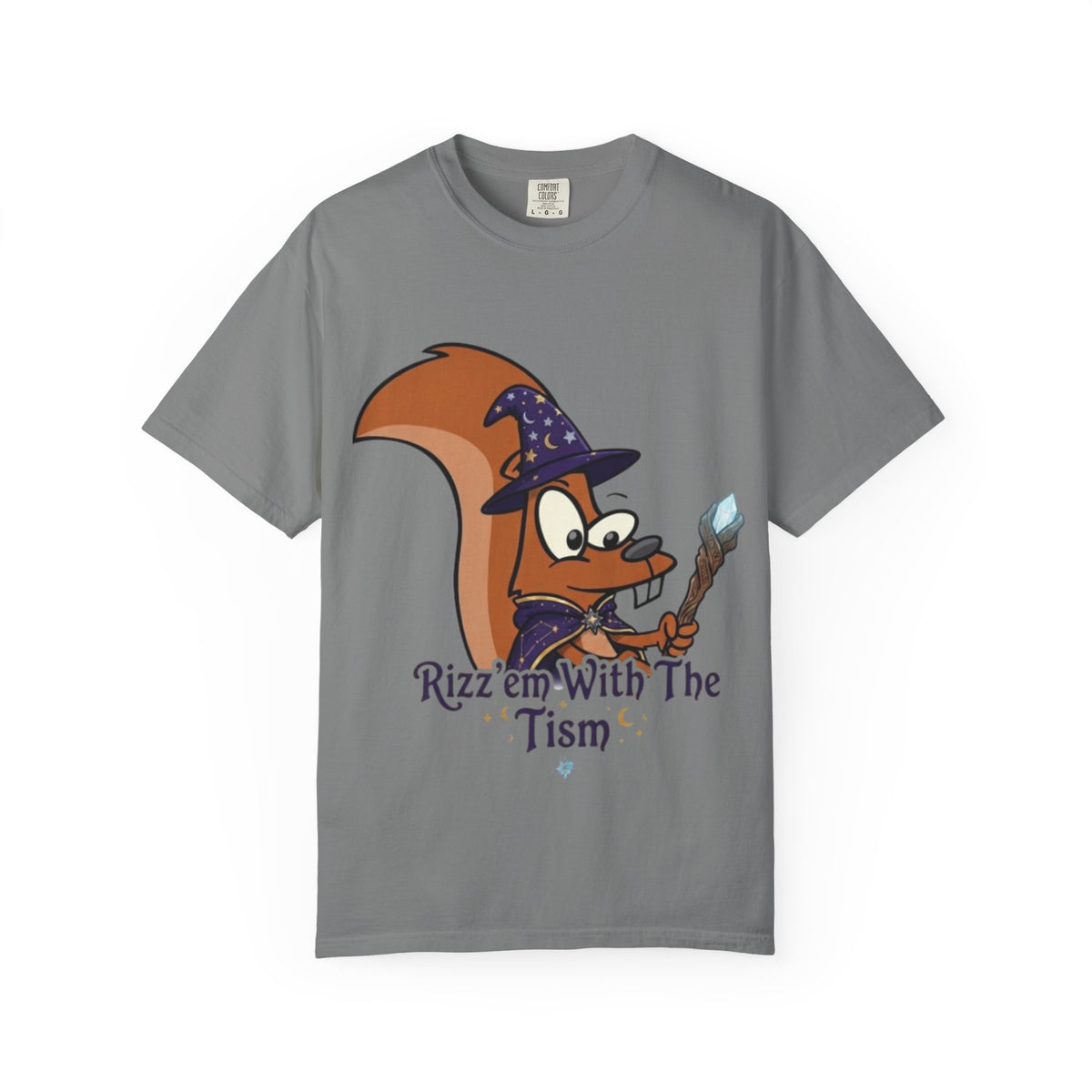 Wizard Squirrel Adult T-Shirt — "Rizz 'em With The Tism" Cute Magic Cartoon Tee