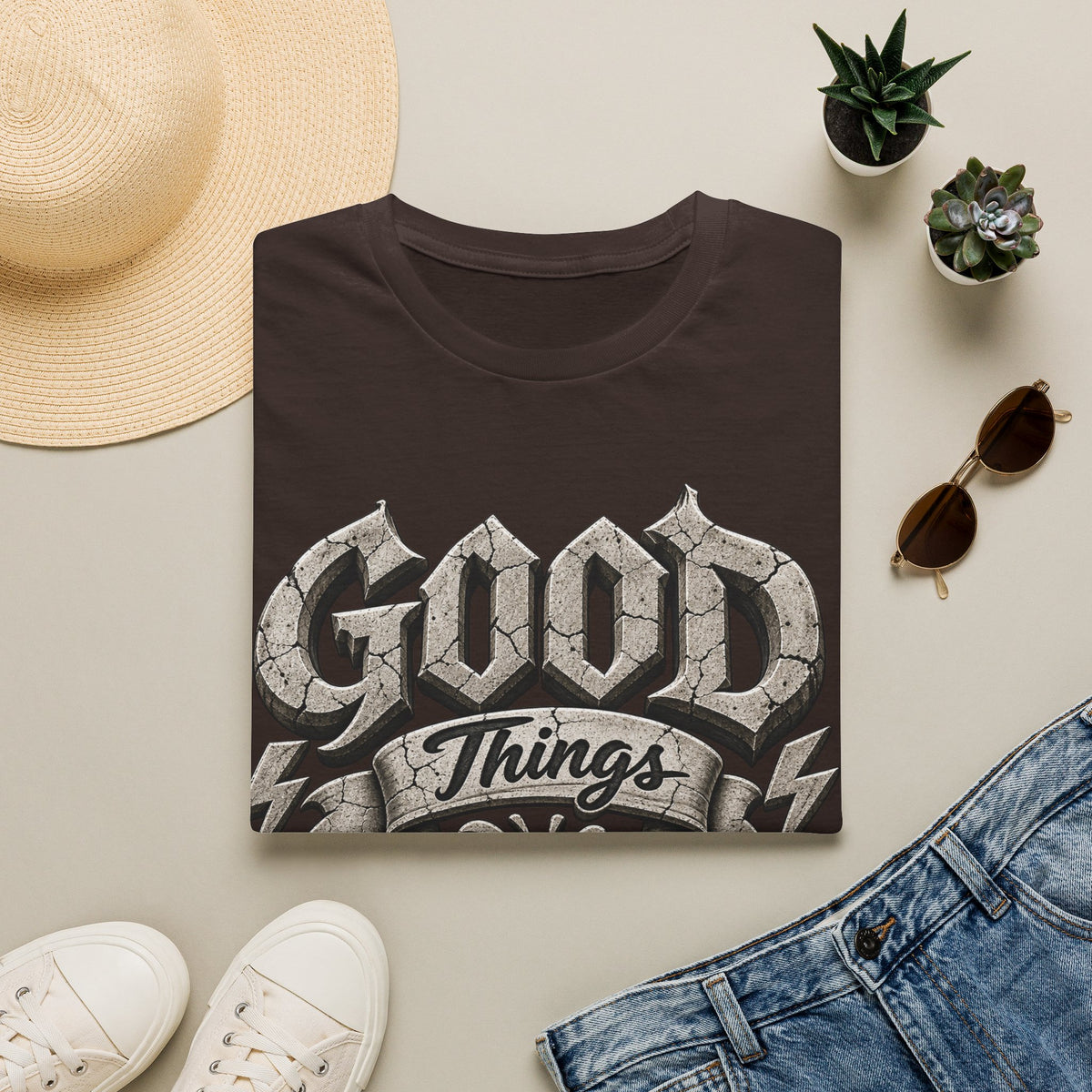 Adult T-Shirt — 'Good Things Take Time' Vintage Script Graphic Tee