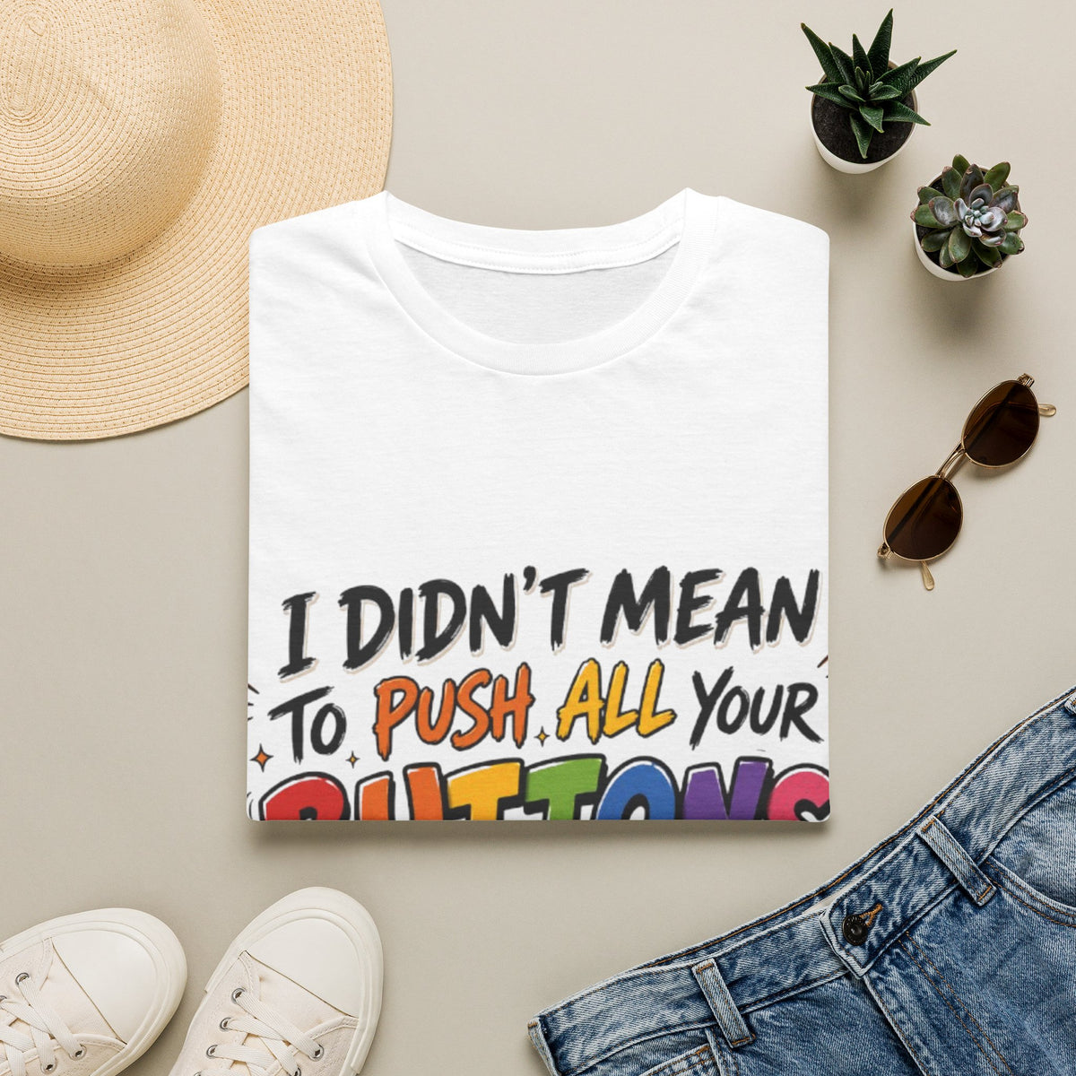 I Didn't Mean to Push All Your Buttons Adult T-Shirt — Funny Colorful Graphic Tee