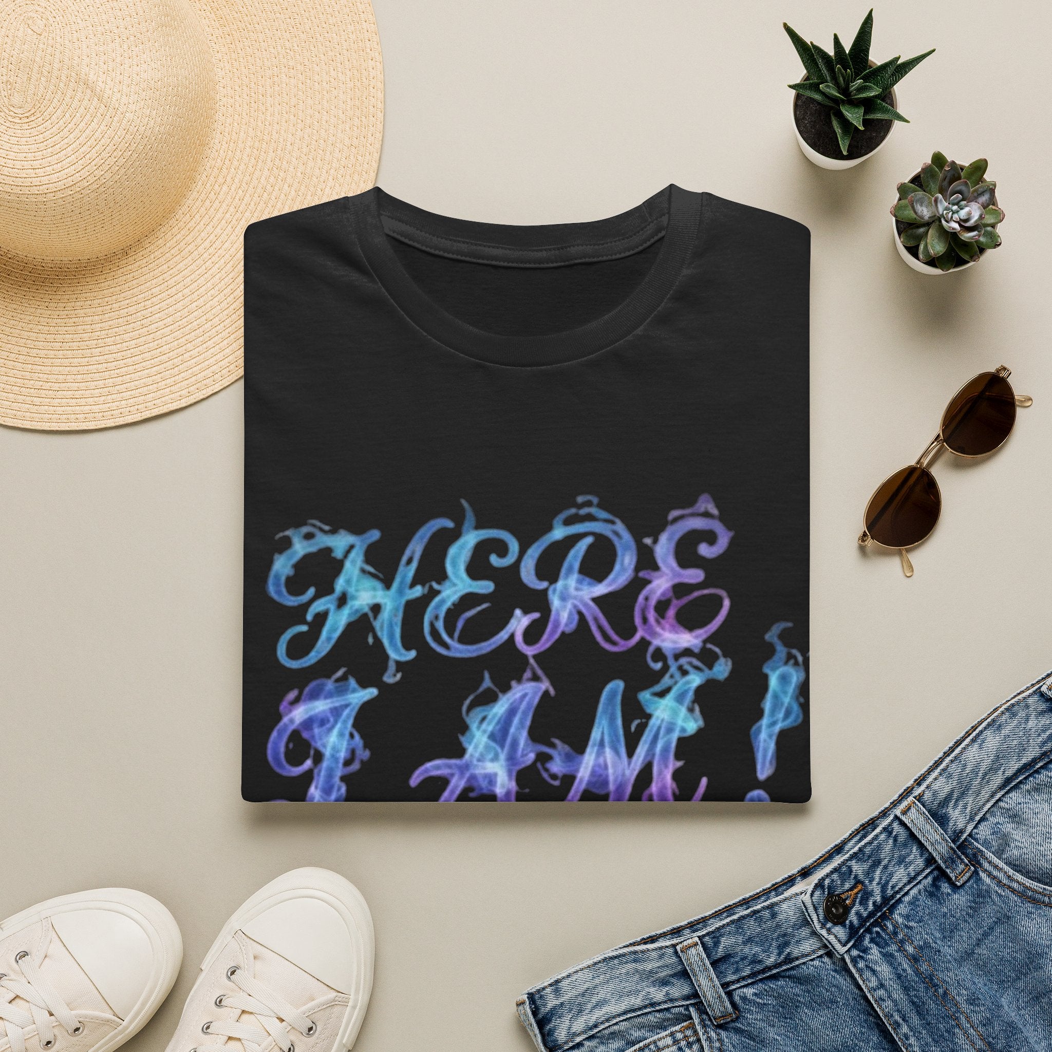 Adult T-Shirt — "Here I Am! What Are Your Other 2 Wishes?" Floral Script Graphic Tee