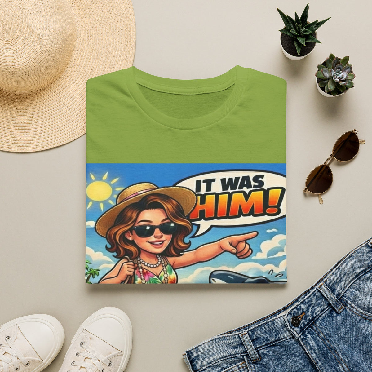 Adult T-Shirt — 'It Was Him!' Beach Shark Graphic Tee