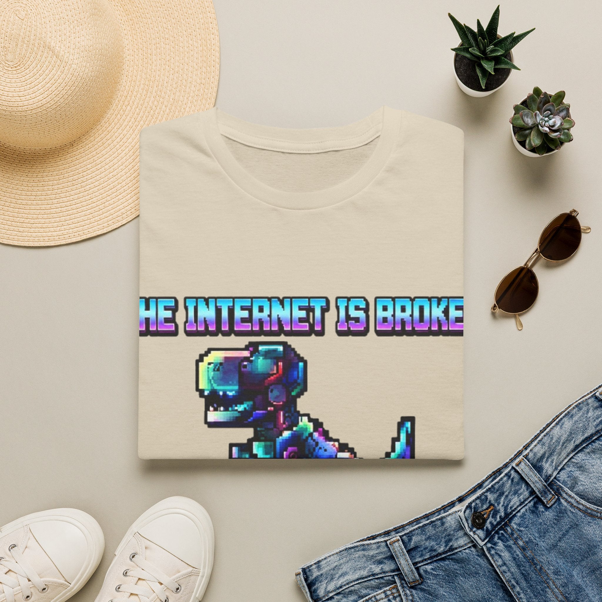 Internet Is Broke Adult  T-Shirt — Retro Pixel Dino "So Am I" Graphic Tee