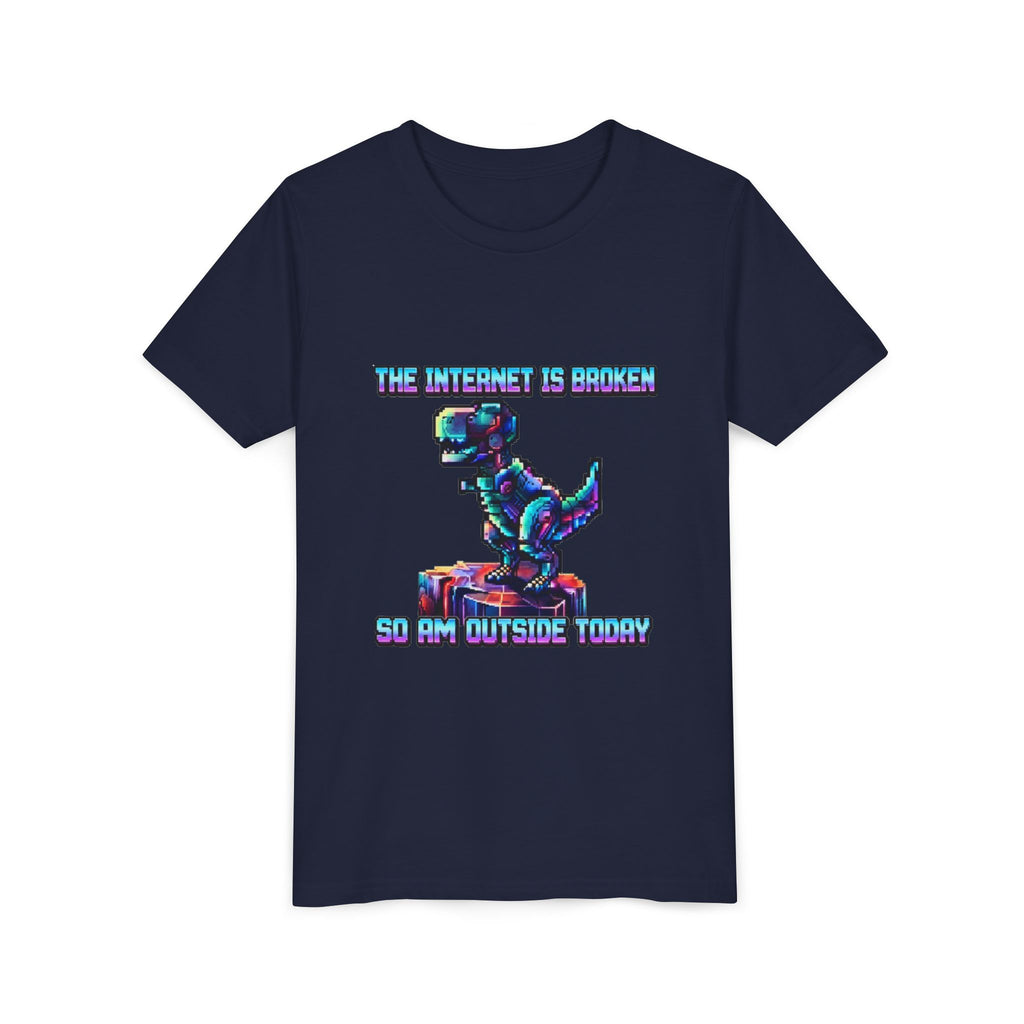 Kids T shirt — Retro Robot Dino “The Internet Is Broken So I’m Outside Today”