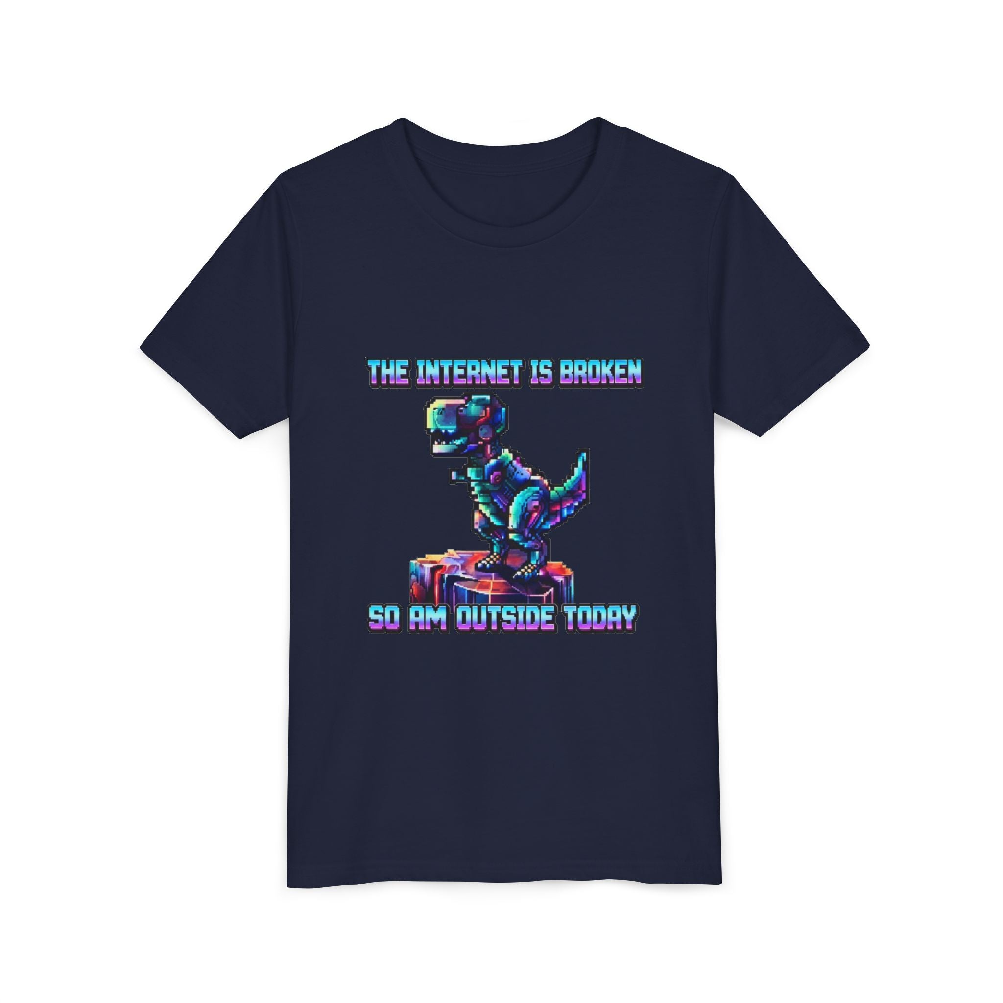 Kids T shirt — Retro Robot Dino “The Internet Is Broken So I’m Outside Today”