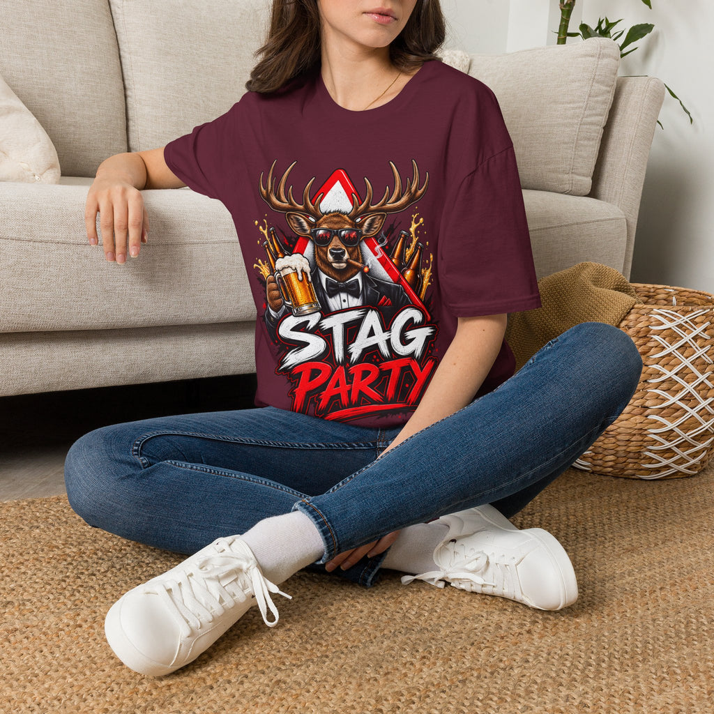 Stag Party Adult T-Shirt — Funny Beer-Drinking Deer Graphic Tee for Bachelor Parties
