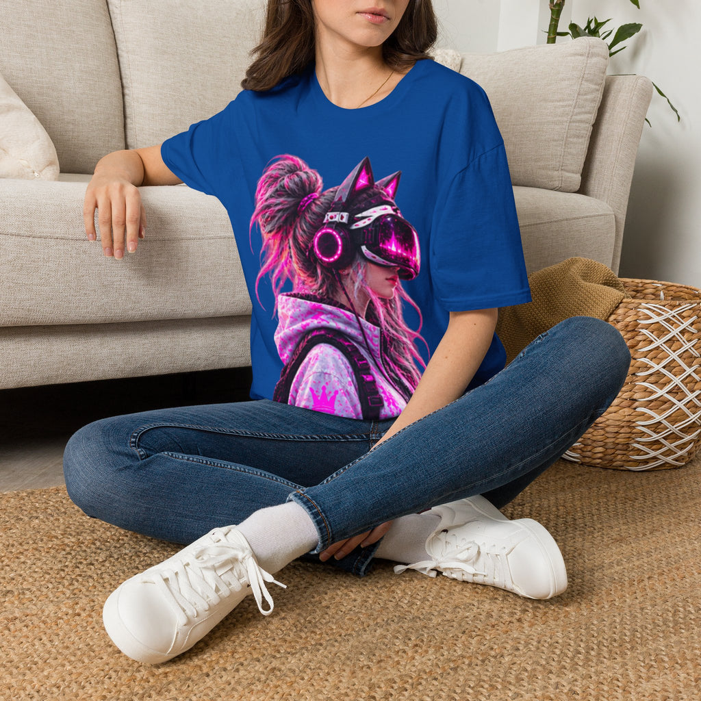 Cat VR Gamer Adult T‑Shirt — Neon Pink Cyberpunk Kitty Gamer Tee
