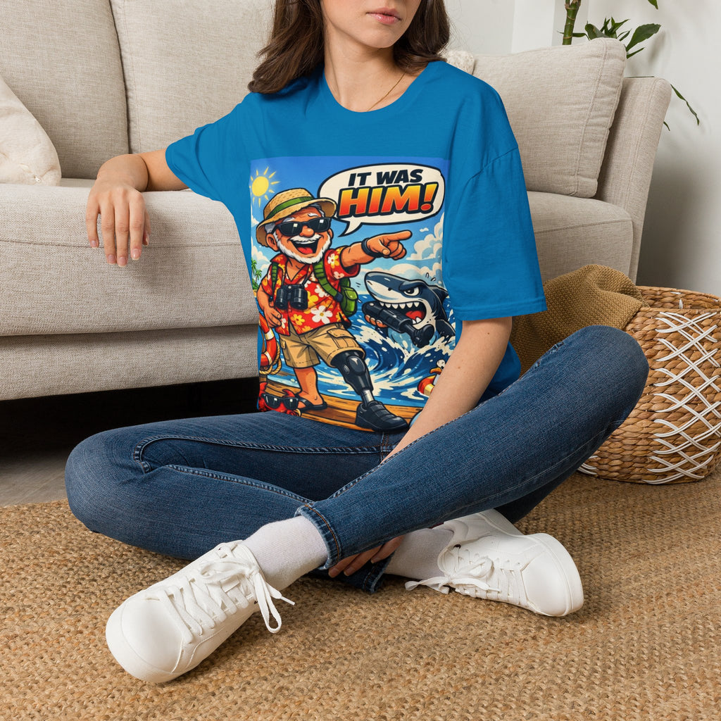 Adult T-Shirt — Retro Vacation Shark 'It Was Him!' Graphic Tee