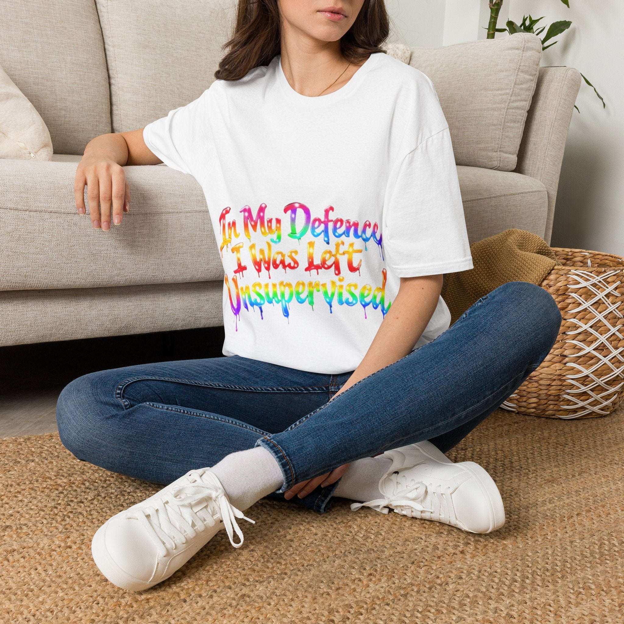 In My Defense I Was Left Unsupervised Adult T-Shirt – Funny Rainbow Casual Tee for Women & Men
