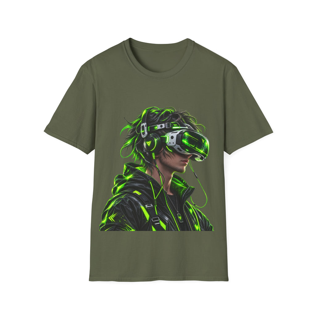 Cyberpunk VR Gamer Adult T-Shirt — Neon Green Virtual Reality Jacket Design