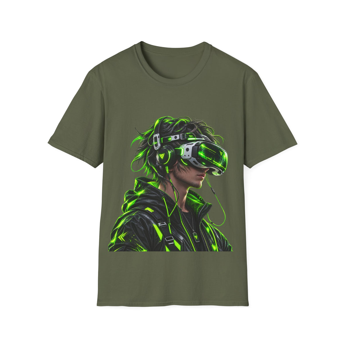 Cyberpunk VR Gamer Adult T-Shirt — Neon Green Virtual Reality Jacket Design