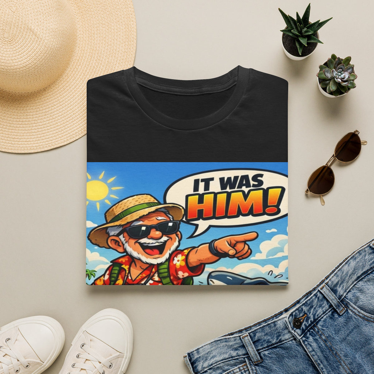 Adult T-Shirt — Retro Vacation Shark 'It Was Him!' Graphic Tee