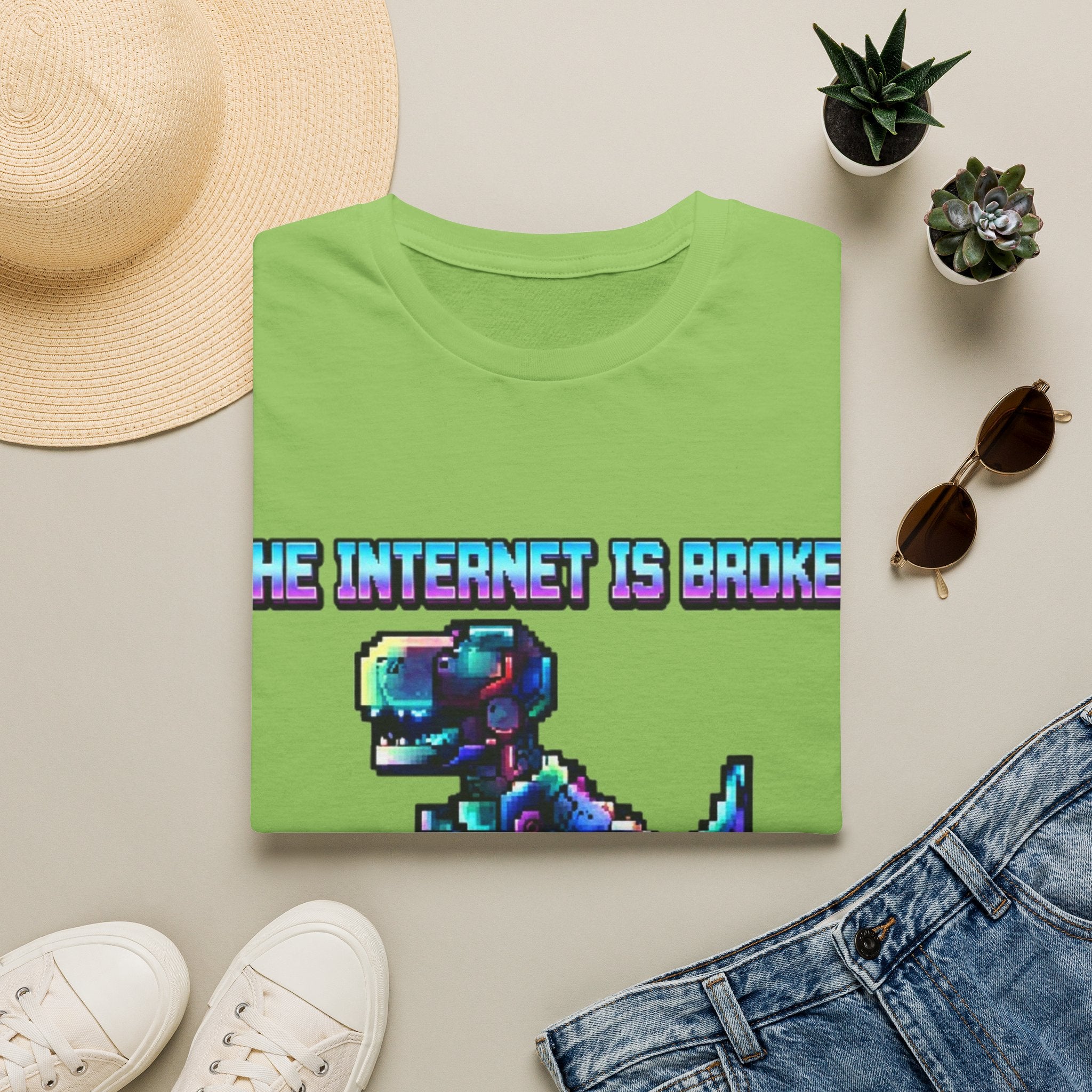 Internet Is Broke Adult  T-Shirt — Retro Pixel Dino "So Am I" Graphic Tee
