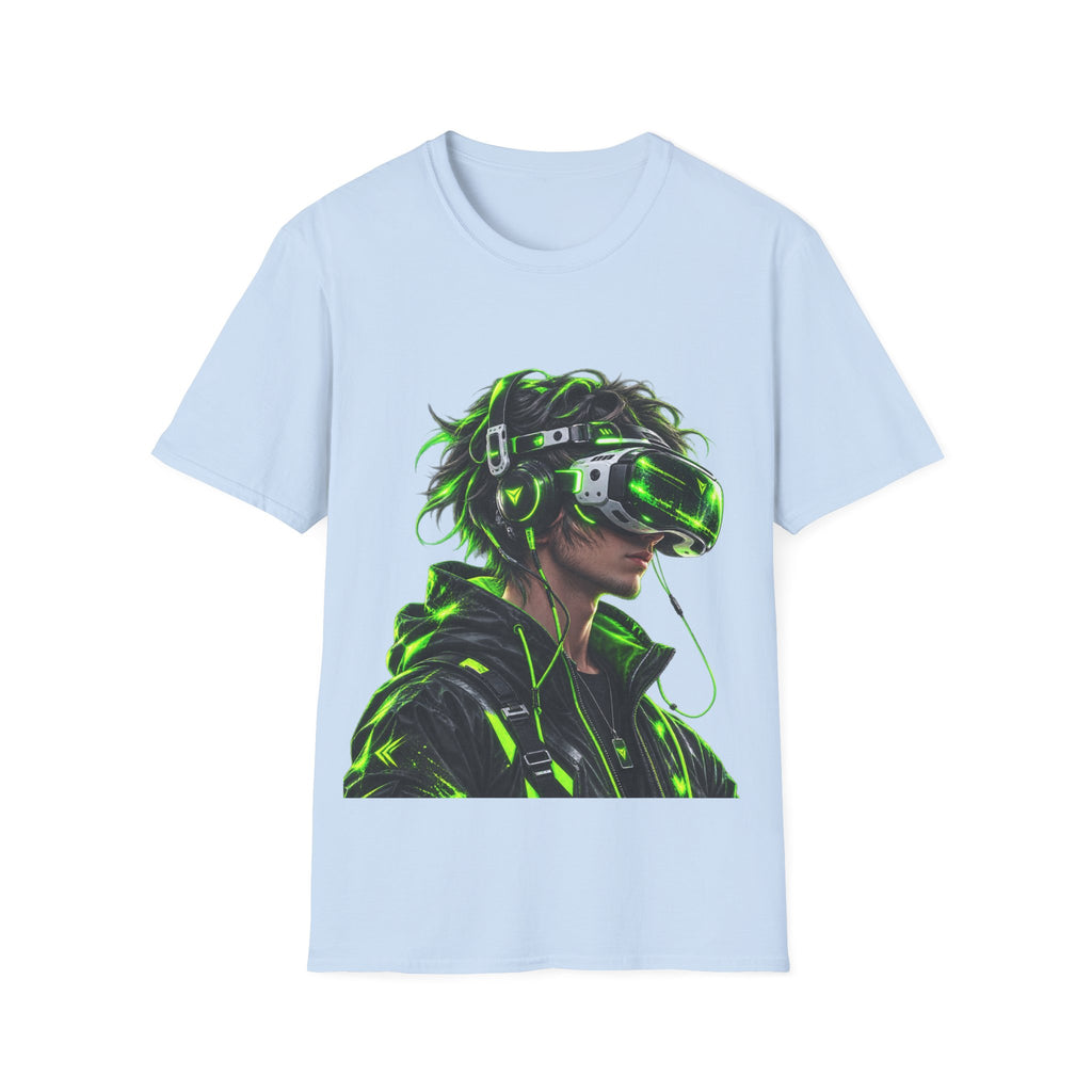 Cyberpunk VR Gamer Adult T-Shirt — Neon Green Virtual Reality Jacket Design