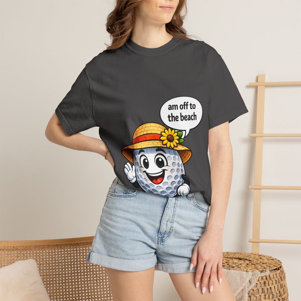 Golf Ball Graphic Tee — "am off to the beach" Cute Summer Golf T-Shirt