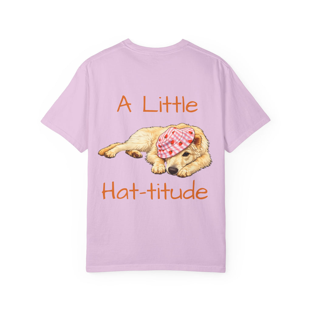 A Little Hat-Titude Puppy Adult T-Shirt | Cute Dog with Pink Hat, Paw Print