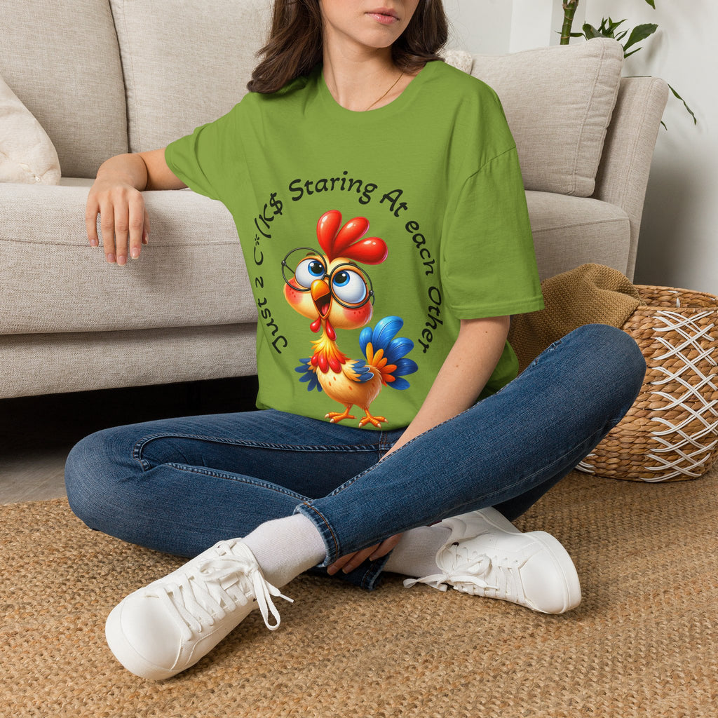 Chicken Cartoon Adult T-Shirt — "Staring At Each Other" Cute Funny Graphic Tee
