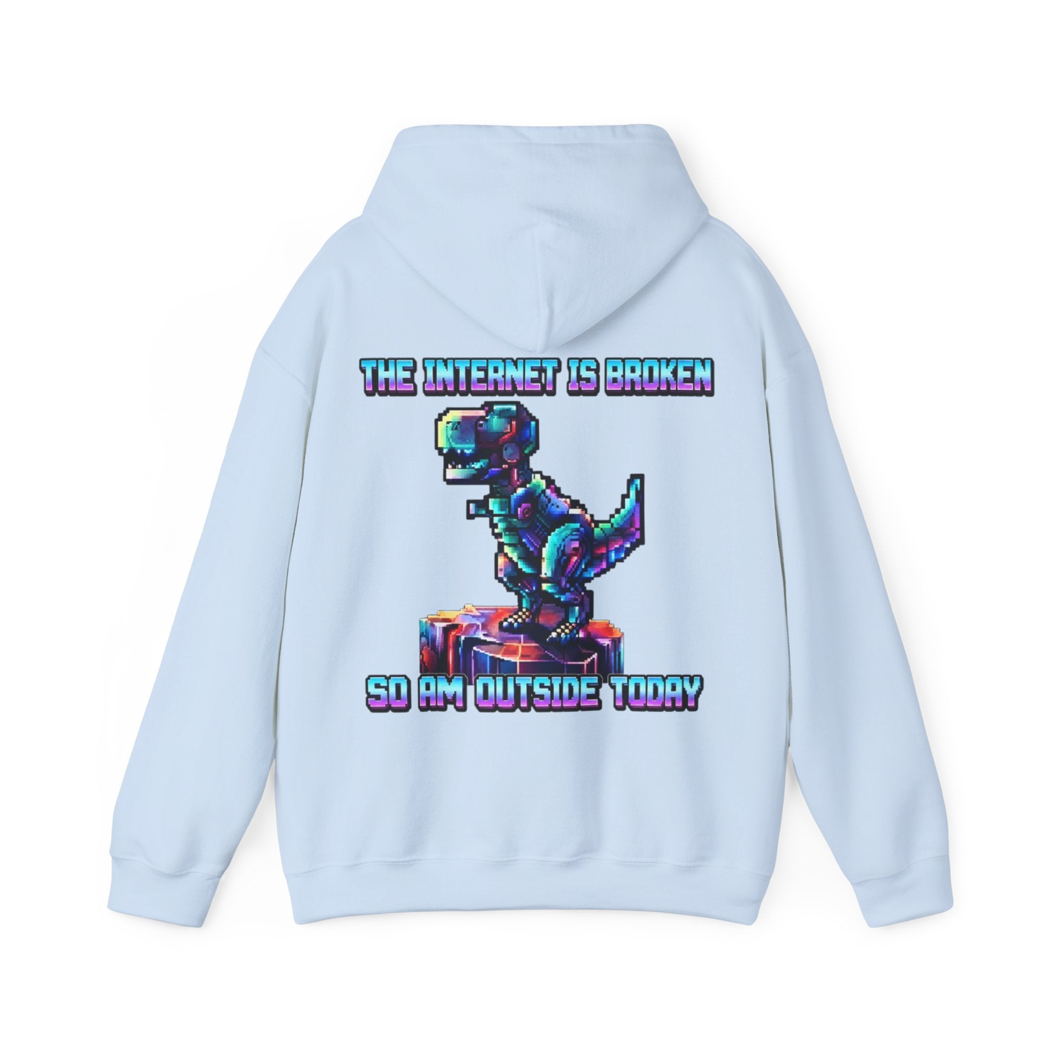 Retro Pixel Dino Adult Hoodie - "The Internet Is Broken So I’m Outside Today"