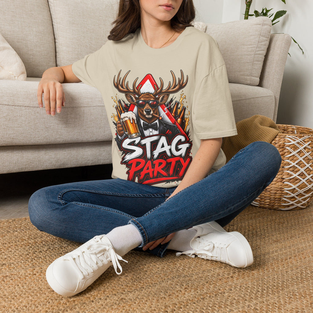 Stag Party Adult T-Shirt — Funny Beer-Drinking Deer Graphic Tee for Bachelor Parties