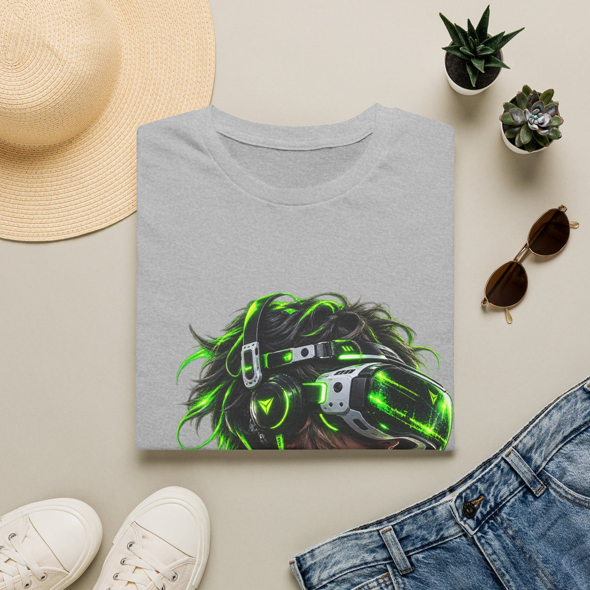 Cyberpunk VR Gamer Adult T-Shirt — Neon Green Virtual Reality Jacket Design