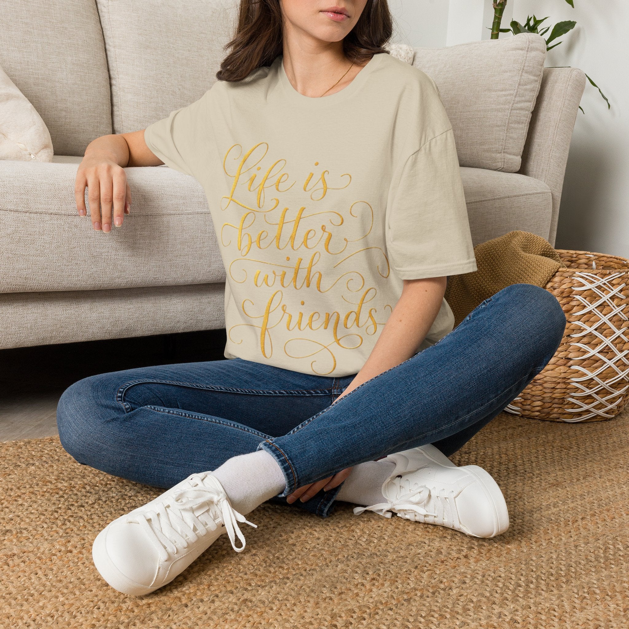 Adult T-Shirt — "Life is Better with Friends" Gold Script Tee