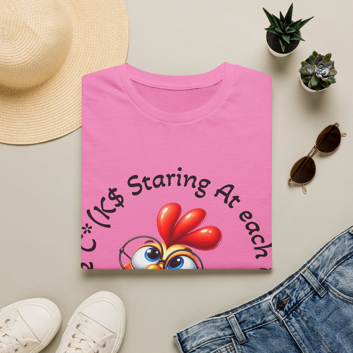 Chicken Cartoon Adult T-Shirt — "Staring At Each Other" Cute Funny Graphic Tee