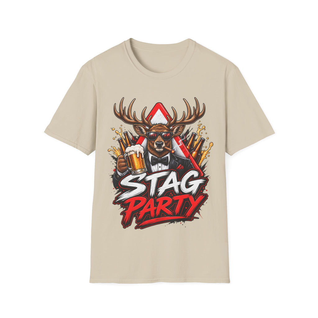 Stag Party Adult T-Shirt — Funny Beer-Drinking Deer Graphic Tee for Bachelor Parties