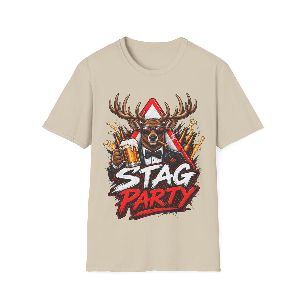 Stag Party Adult T-Shirt — Funny Beer-Drinking Deer Graphic Tee for Bachelor Parties
