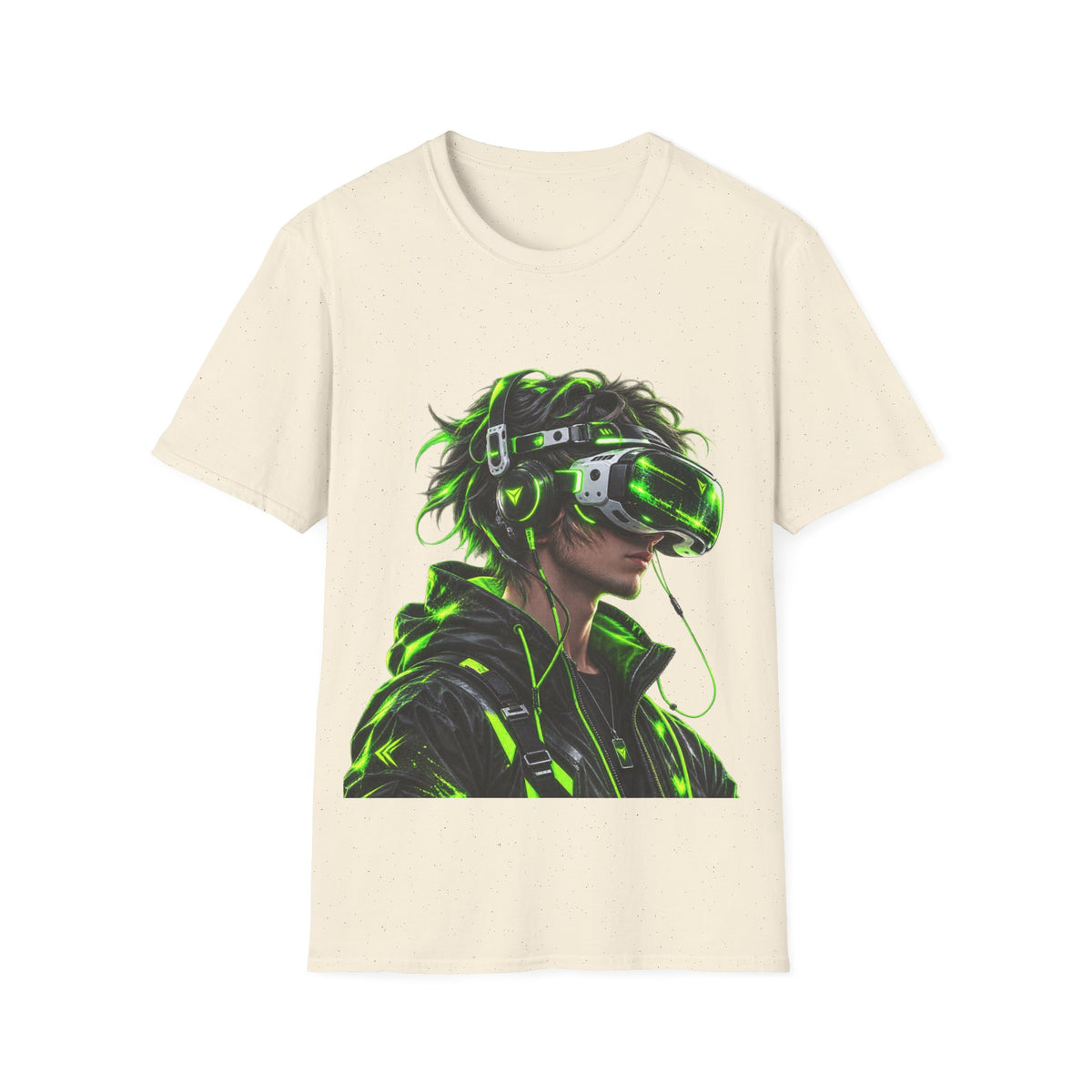 Cyberpunk VR Gamer Adult T-Shirt — Neon Green Virtual Reality Jacket Design