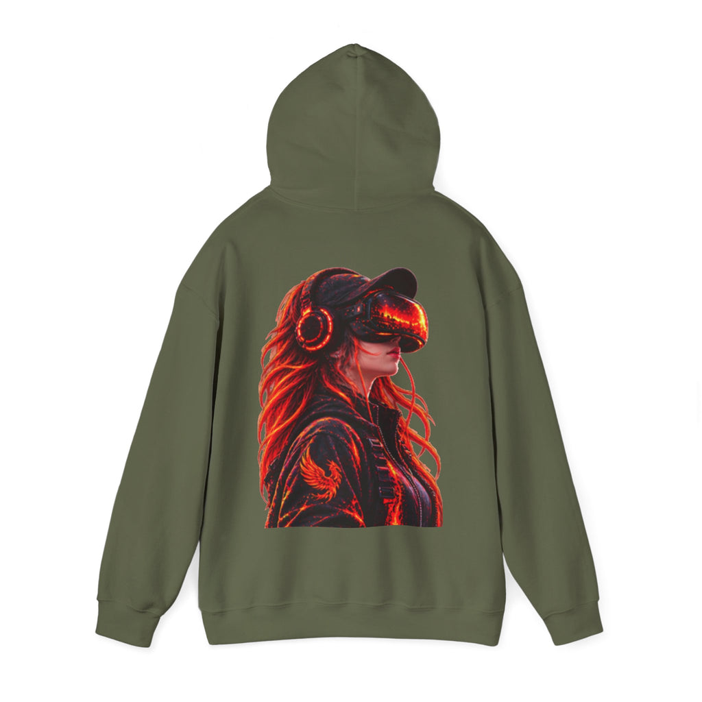 VR Headset Adult Hoodie — Futuristic Gamer Portrait Graphic Hooded Sweatshirt