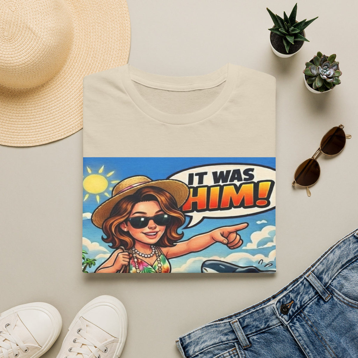 Adult T-Shirt — 'It Was Him!' Beach Shark Graphic Tee