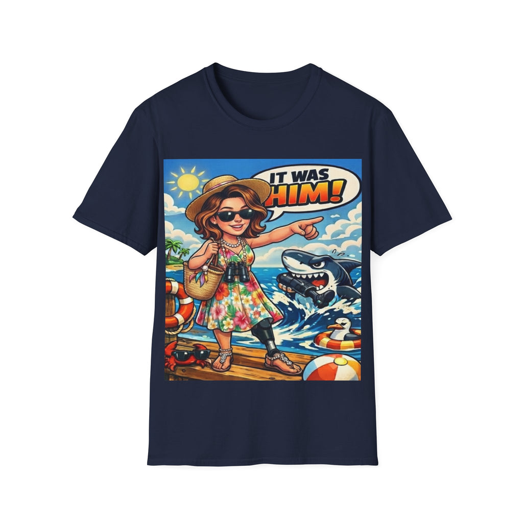 Adult T-Shirt — 'It Was Him!' Beach Shark Graphic Tee