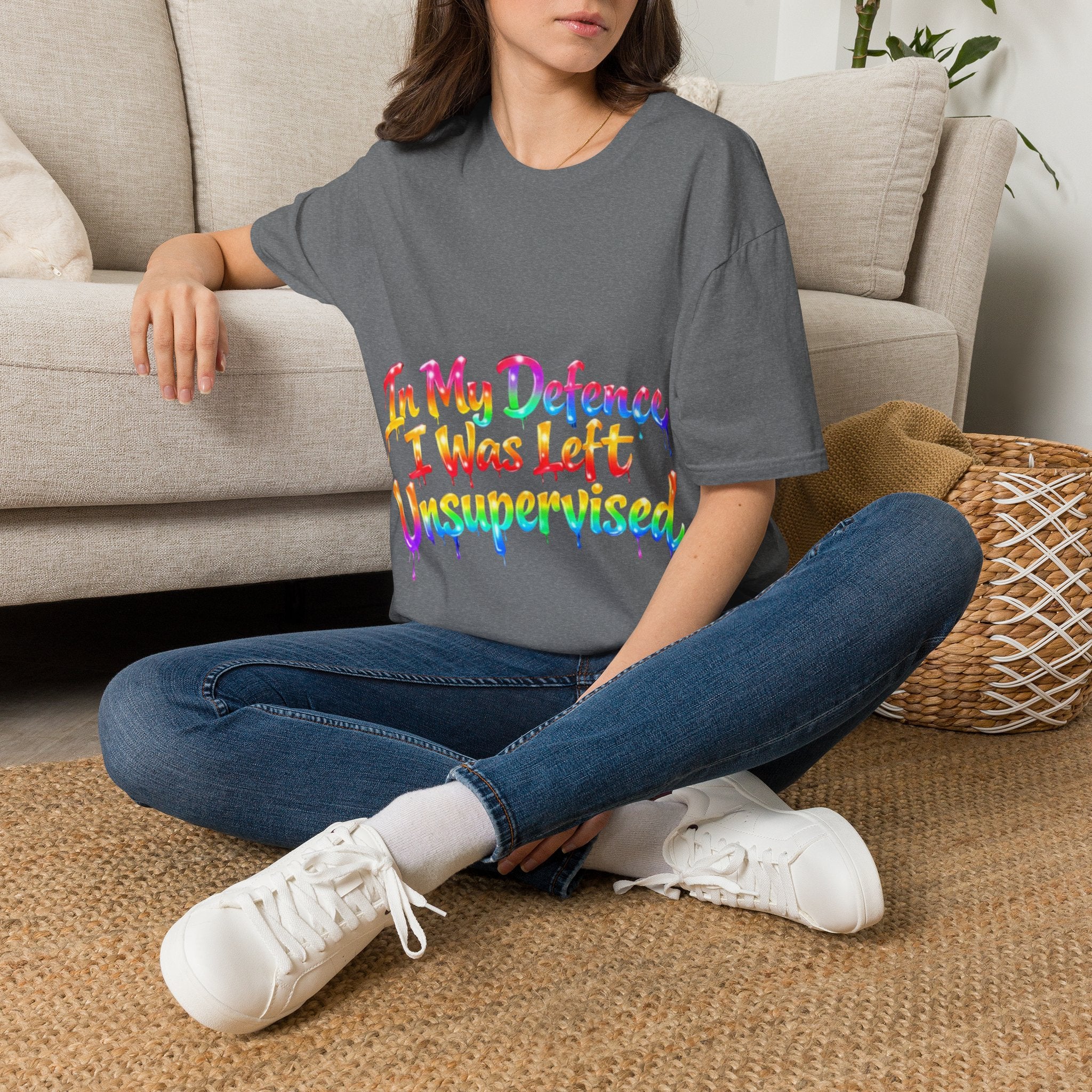 In My Defense I Was Left Unsupervised Adult T-Shirt – Funny Rainbow Casual Tee for Women & Men