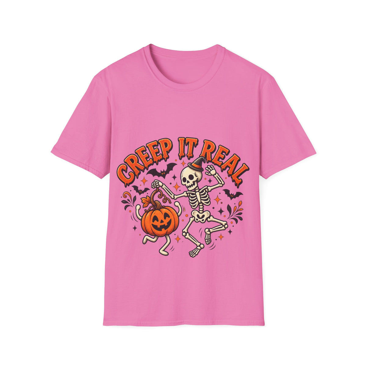 Creep It Real Halloween Adult T-Shirt — Dancing Skeleton & Pumpkin Graphic