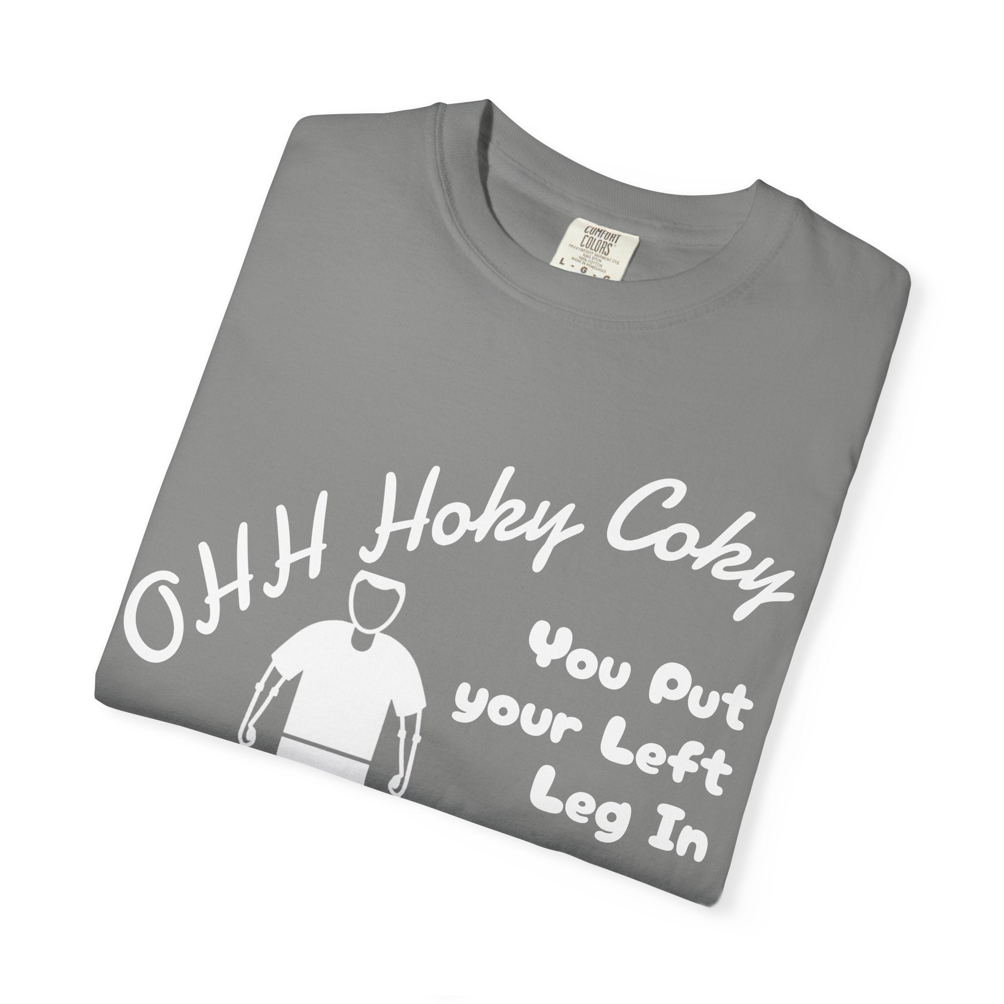 Ohh Hokey Cokey Prosthetic Leg Adult T-Shirt — "You Put Your Left Leg In, Ohh Crap" Funny Disability Humor Tee