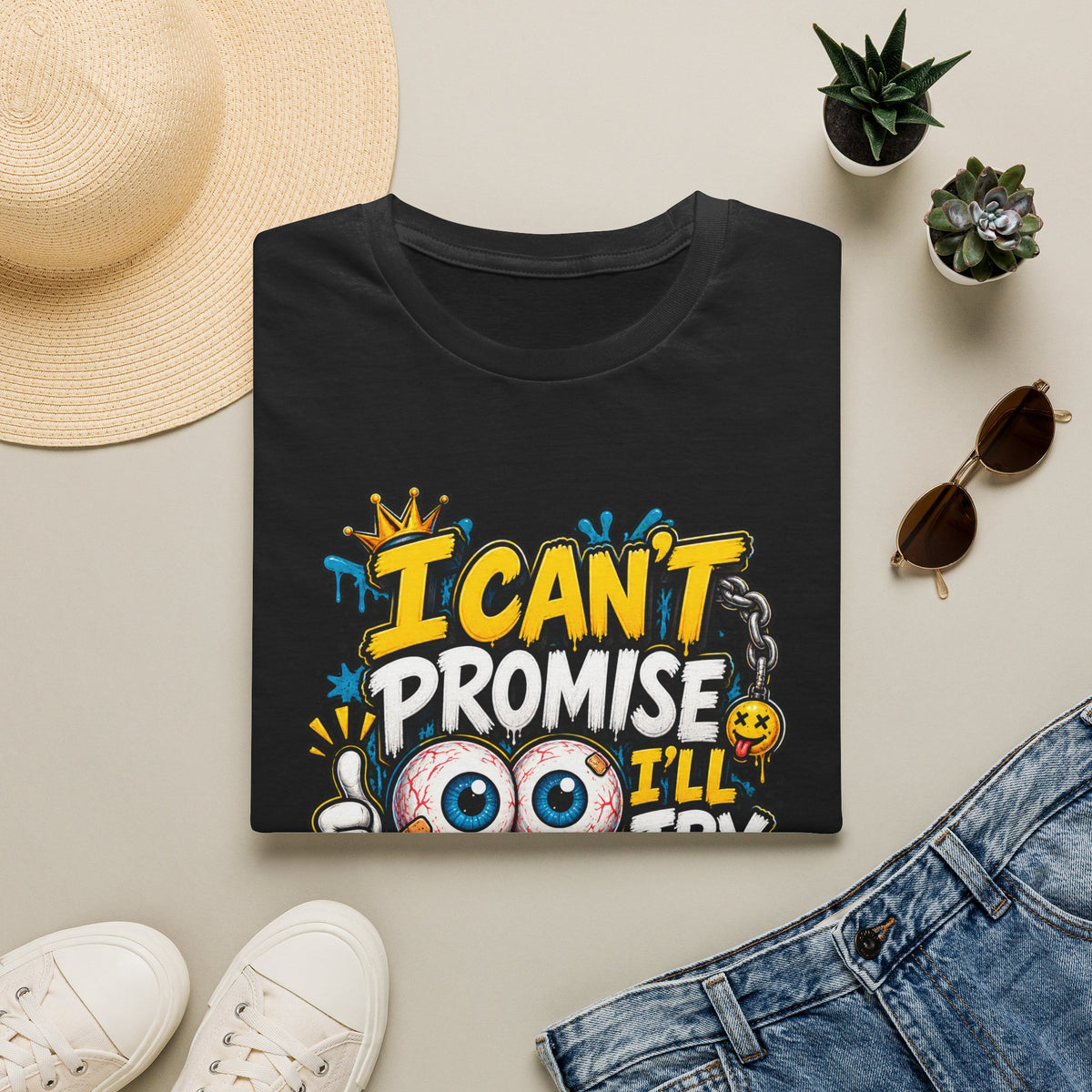 I Can't Promise I'll Try Graphic Adult T-Shirt — Funny Motivational Casual Tee