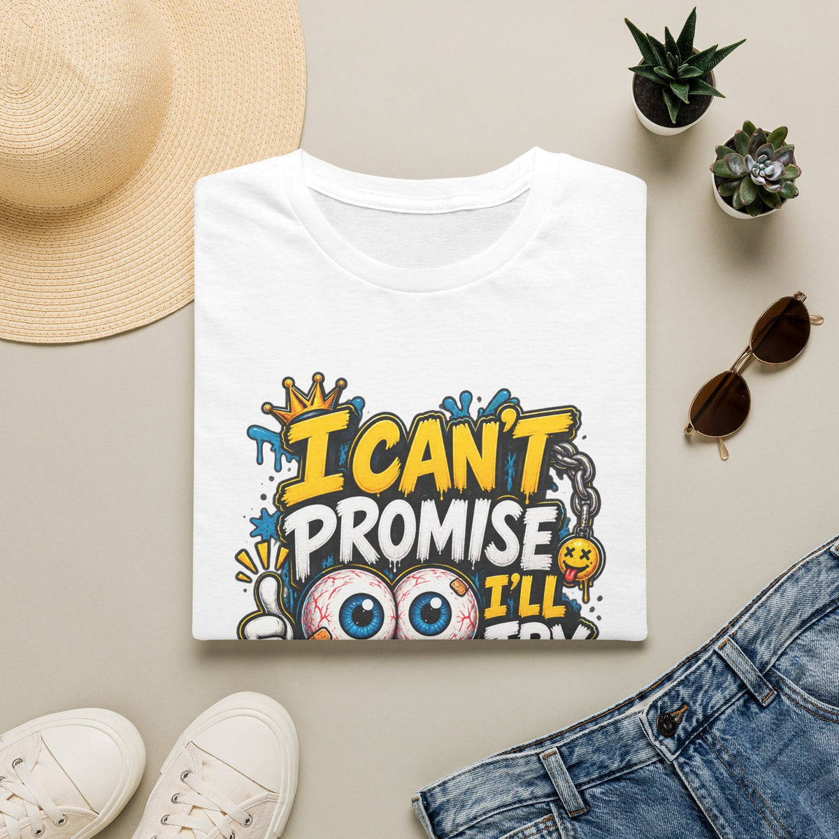 I Can't Promise I'll Try Graphic Adult T-Shirt — Funny Motivational Casual Tee